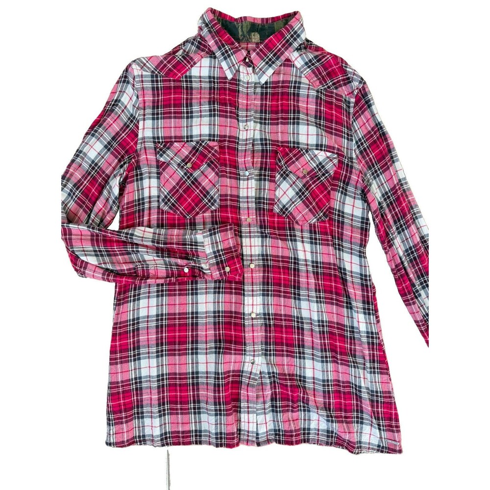 Diesel Women’s L Plaid Western Snap‎ Button Shirt Pink Red Long Sleeve Cotton